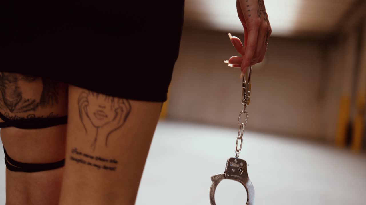 Edgy female model walking with handcuffs in hand – close-up shot