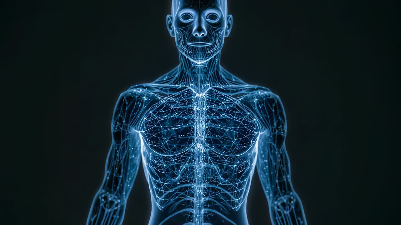 Inquadratura che allarga il campo rivelando il busto frontale su sfondo scuro, con filamenti blu luminosi per uso medico