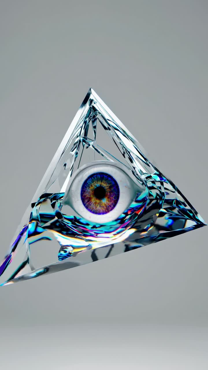 Blue eye suspended within translucent glass pyramid, symbolizing surveillance, vision, mystery, and hidden perception against stark white backdrop