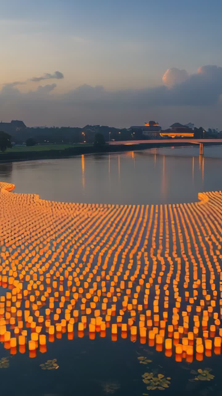 Vertical video: Tilting camera over calm river lanterns after dusk arrival, revealing bridge lights