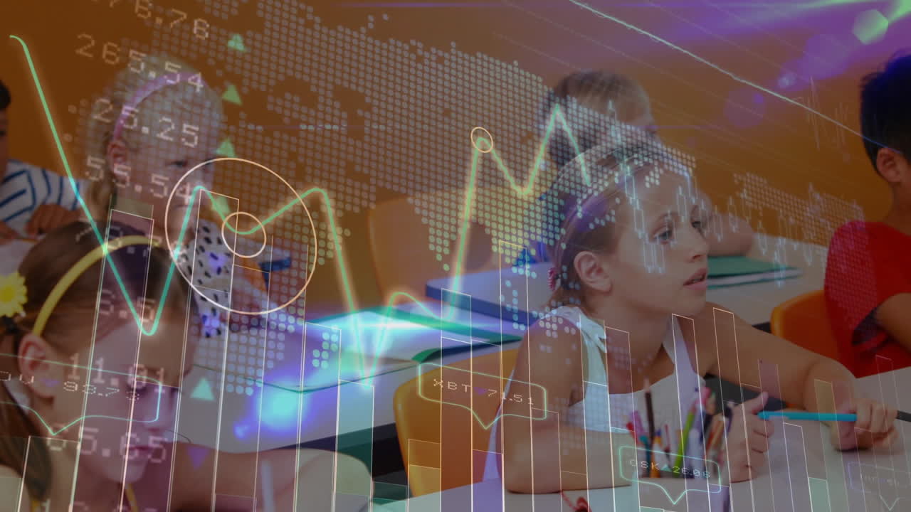 Group of students writing at desks in school classroom, showing animated financial charts and data