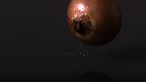 Onion-falling-against-black-background