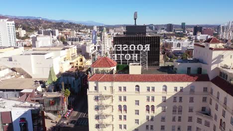 aerial reveal of hollywood boulevard and roosevelt hotel