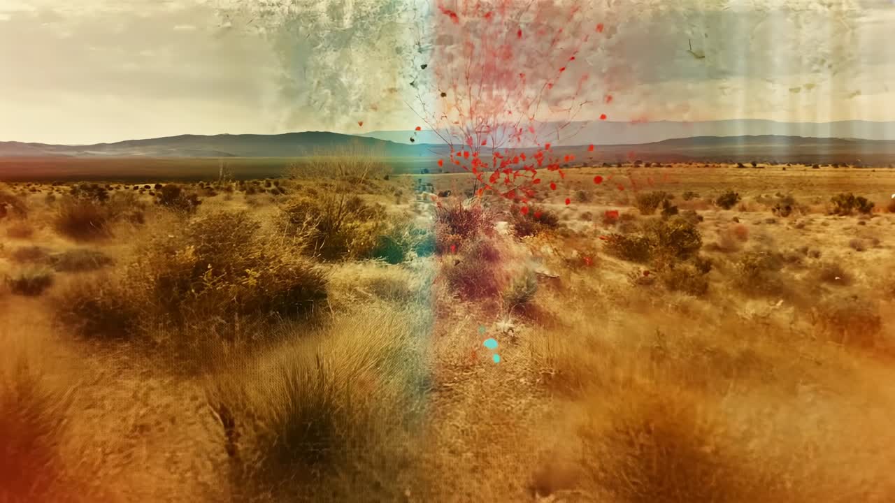Camera gliding through shrubs and grasses in desert, with blue flare causing red particles swirling