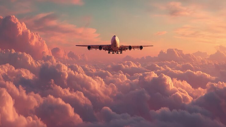 Voyage aérien majestueux : une vue imprenable sur un grand avion de ligne fendant un magnifique ciel de coucher de soleil au-dessus de nuages cotonneux