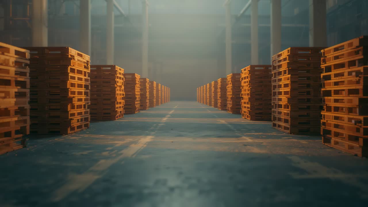 Camera dollying forward revealing rows of wooden pallets along warehouse aisle, emphasizing depth