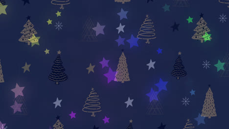 Animation-of-stars-and-christmas-tree-pattern-on-dark-background