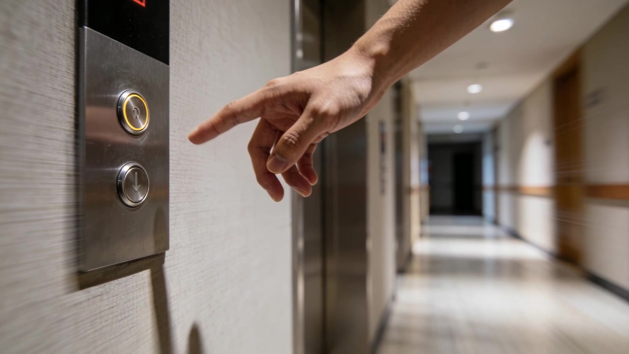 Højre hånd med bar arm trykker på elevatorens kaldeknap i korridoren, tilkalder dørene, med plads til tekst.
