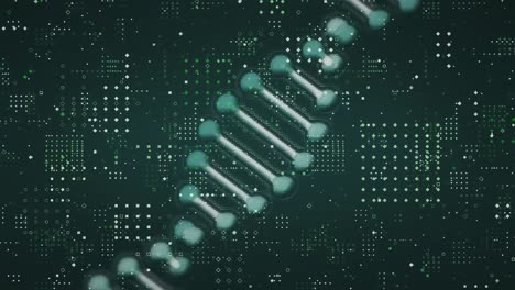 digital animation of dna structure spinning over dots pattern design against green background