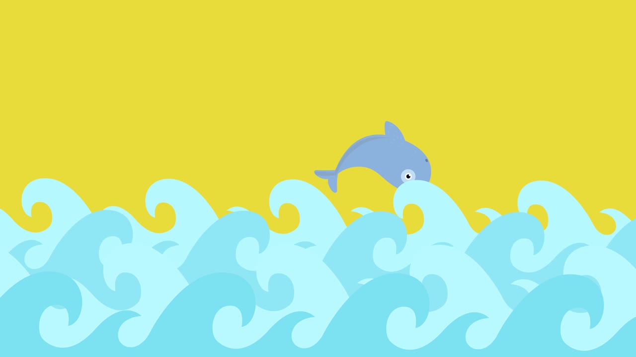 delfines de dibujos animados saltando entre las olas del mar en un cielo de verano
