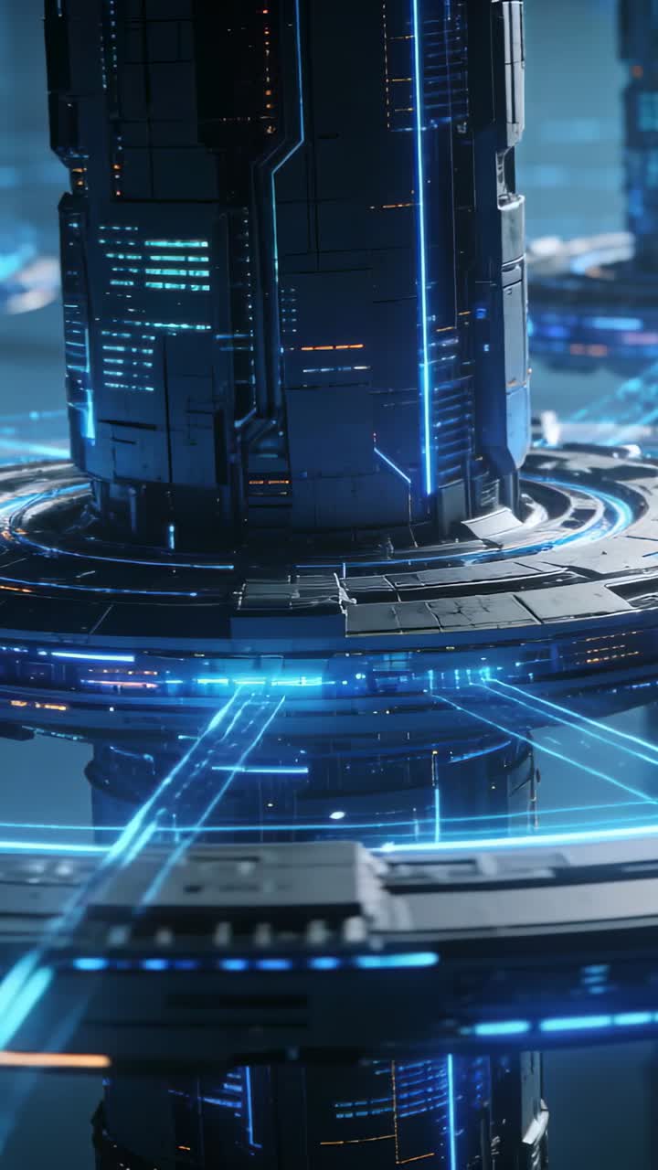 Telecamera che si sposta verso l'alto rivelando lo stato della torre centrale in un hub spaziale, anelli e percorsi energetici pulsanti.