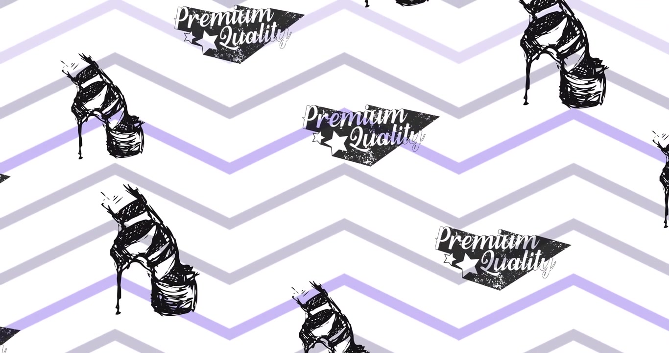 Animation of premium quality text and high heels repeated on white background