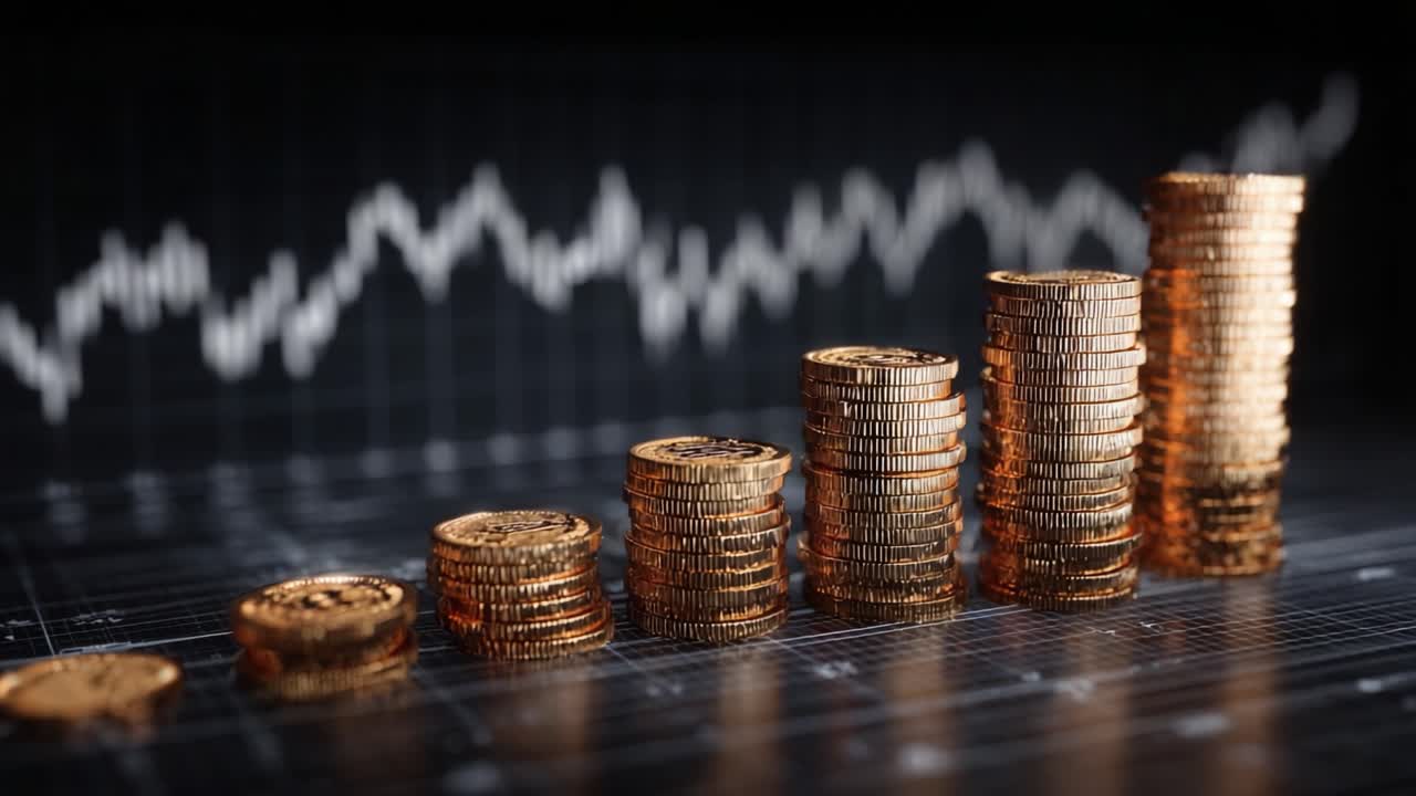 Vekst i formue: En overbevisende visuell fremstilling av økende økonomisk suksess med stablede mynter og et dynamisk grafikkoverlegg