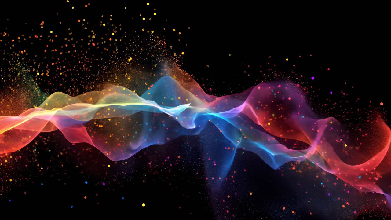 Vibrant, flowing waves of multicolored light particles create a dynamic, abstract visual