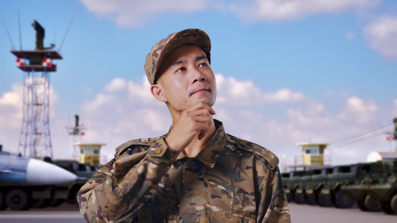 아시아 남성 군인이 무언가에 대해 생각하고 군사 캠프에 서 있는 동안 주위를 둘러보고 있습니다.