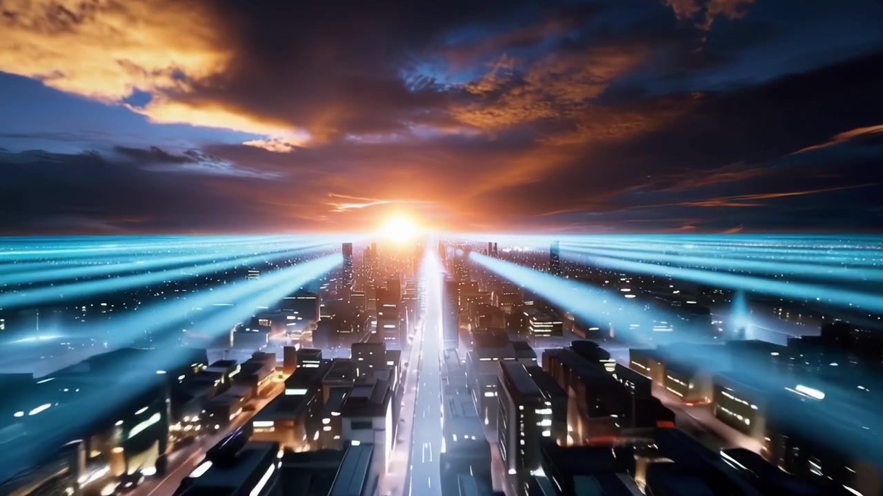 Flying Through a Futuristic City with Glowing Data Network at Sunset