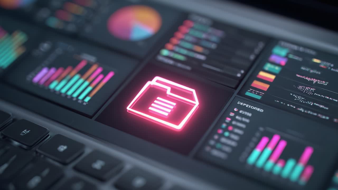 Et nærbillede af et moderne digitalt dashboard, der viser forskellige datavisualiseringer med et fremhævet mappeikon på en mørk baggrund.
