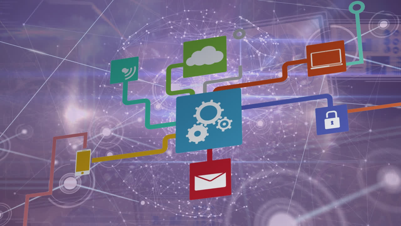 보라색 배경에 디지털 아이콘 네트워크와 연결 네트워크의 지구의 애니메이션