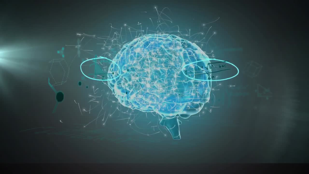 수학적 방정식은 녹색 배경의 빛의 반점에 대해 회전하는 인간 뇌 위에 떠 있습니다.