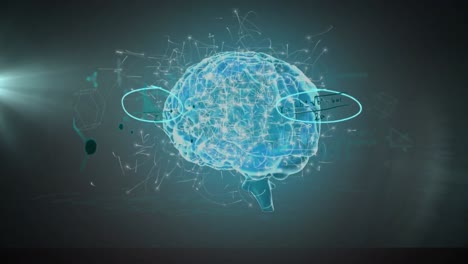 ecuaciones matemáticas flotando sobre el cerebro humano giratorio contra un punto de luz en un fondo verde