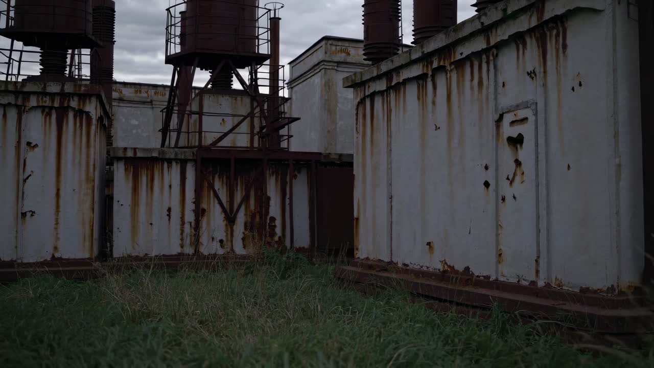Low-angle video shot of an abandoned industrial site with rusty structures and overgrown grass