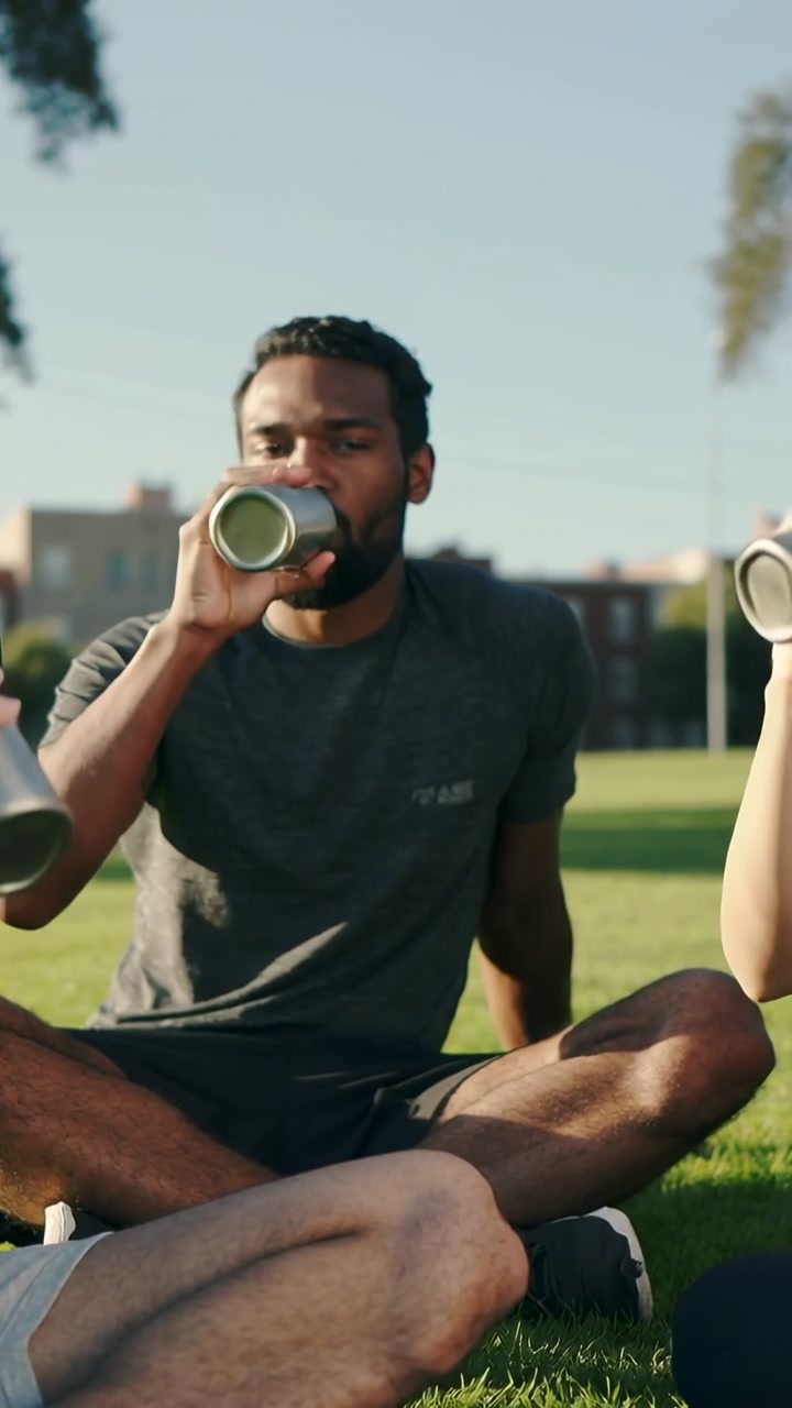Vertical video: Clinking steel bottles, lead man and friends in sportswear drinking in park resting