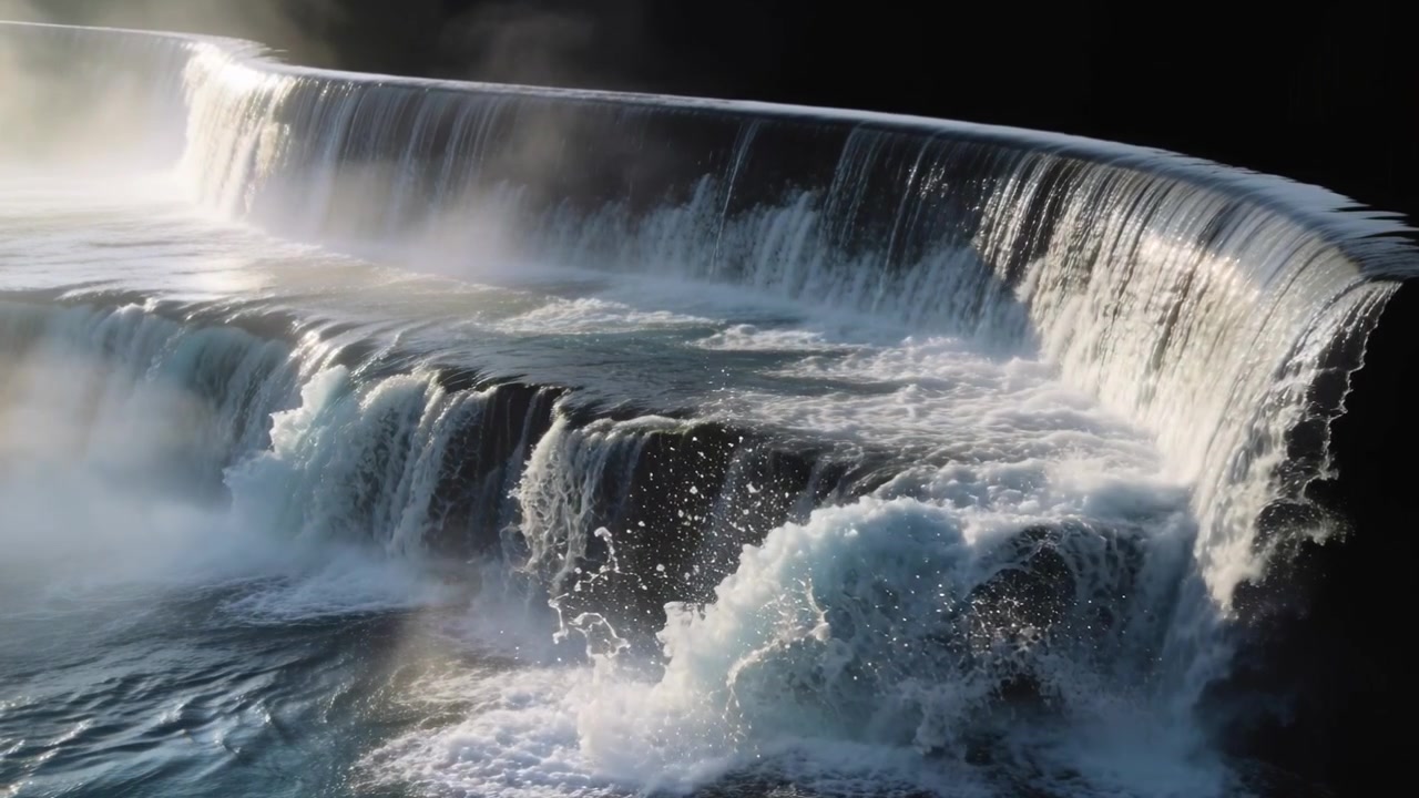 Cascata curva che scorre, rispondendo alle onde del fiume in arrivo e inviando spruzzi e schiuma sulla scogliera.