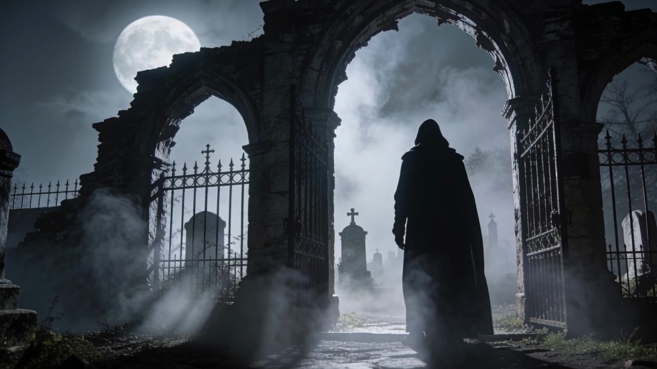 Il chiaro di luna illumina una figura incappucciata che attraversa un arco in rovina entrando nel cimitero, con il mantello che si gonfia nella nebbia.