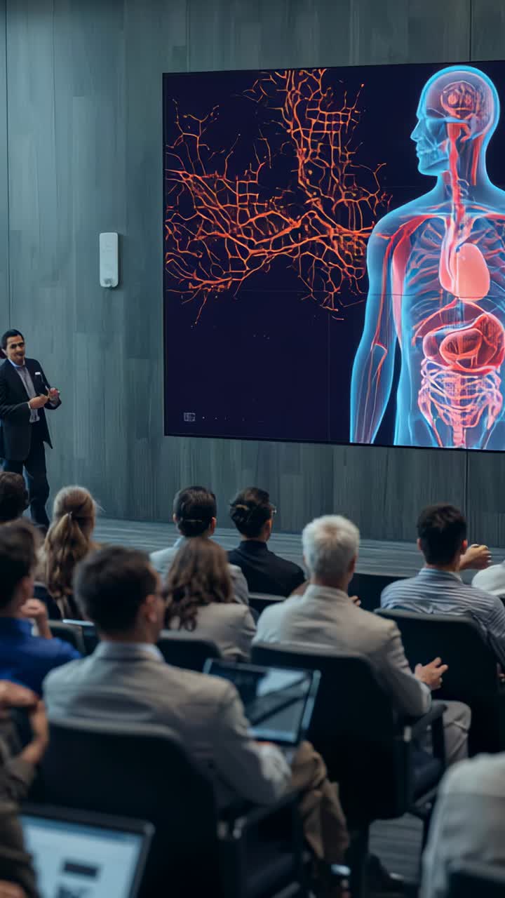 Vertical video: Starting talk, Dr in suit explaining torso vessels on screen in hall, copy space