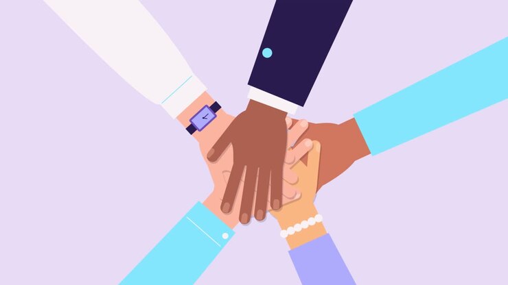 Multinational people hands cartoon animation. Teamwork, unity, support concept. group of coworkers or friends together. Symbol of help to reach a common goal in work. business cooperation, partnership