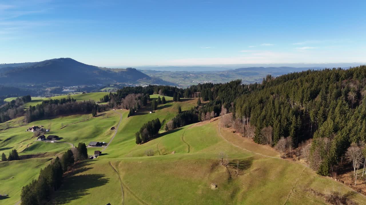 vista aérea de un prado verde y montañoso cerca de un bosque de hoja perenne, día de cielo azul