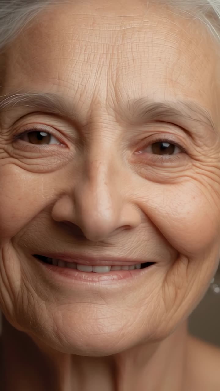 Vertical video: Smiling senior woman opening eyes and responding to camera in studio, pearl earring
