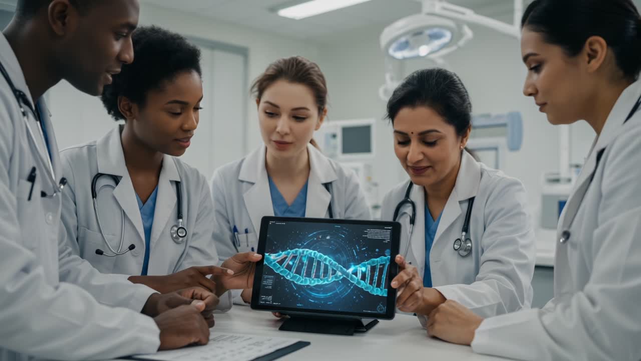 A Diverse Group of Medical Professionals Collaborate and Discuss Breakthroughs in Genetic Research While Analyzing a Digital DNA Model in a Modern Laboratory Setting