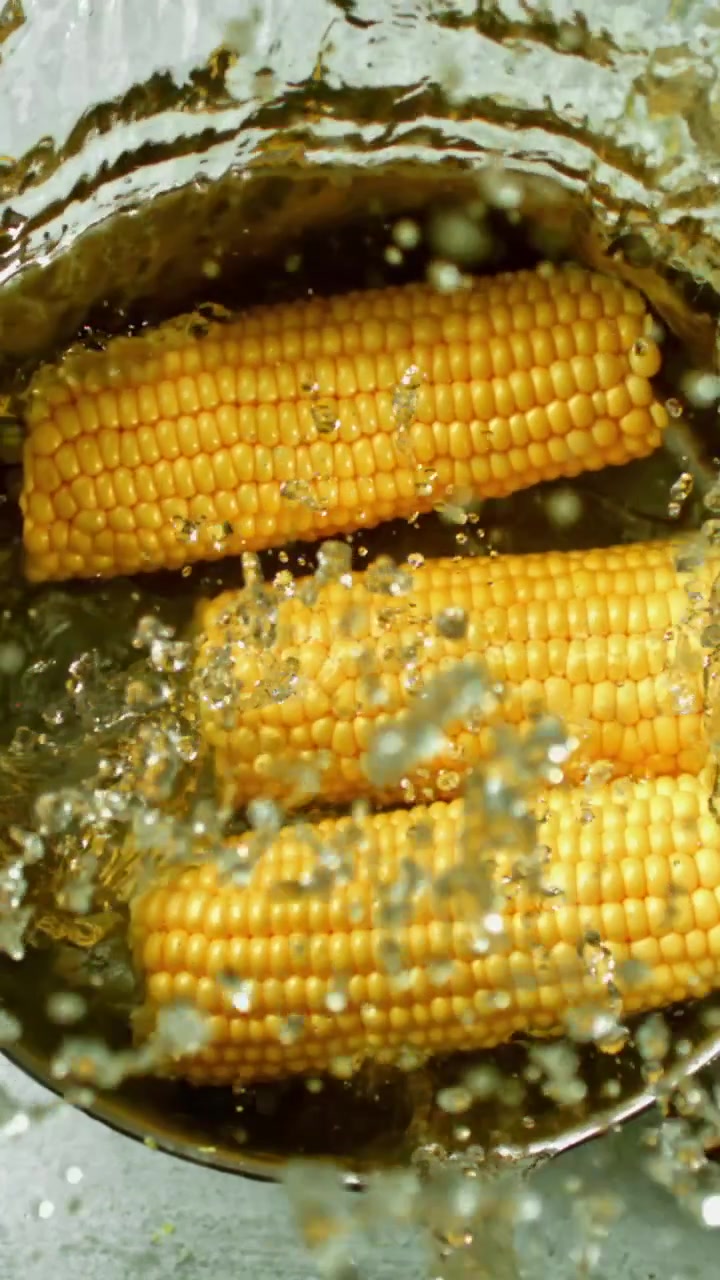 Slow Motion Water Pouring Over Fresh Corn on the Cob