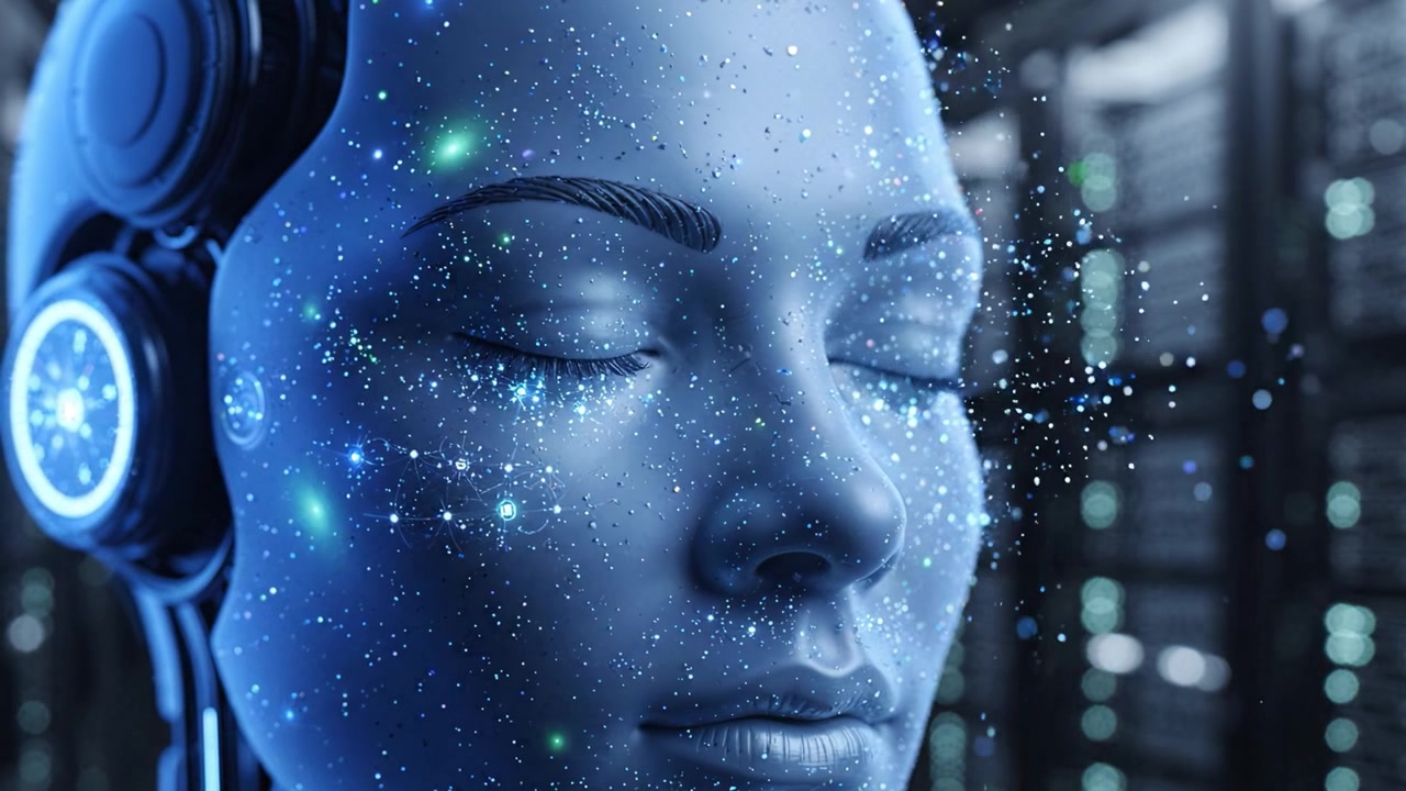 Futuristic humanoid robot with a cosmic design reflects advancements in artificial intelligence, showcasing a blend of technology and aesthetics in a digital environment.