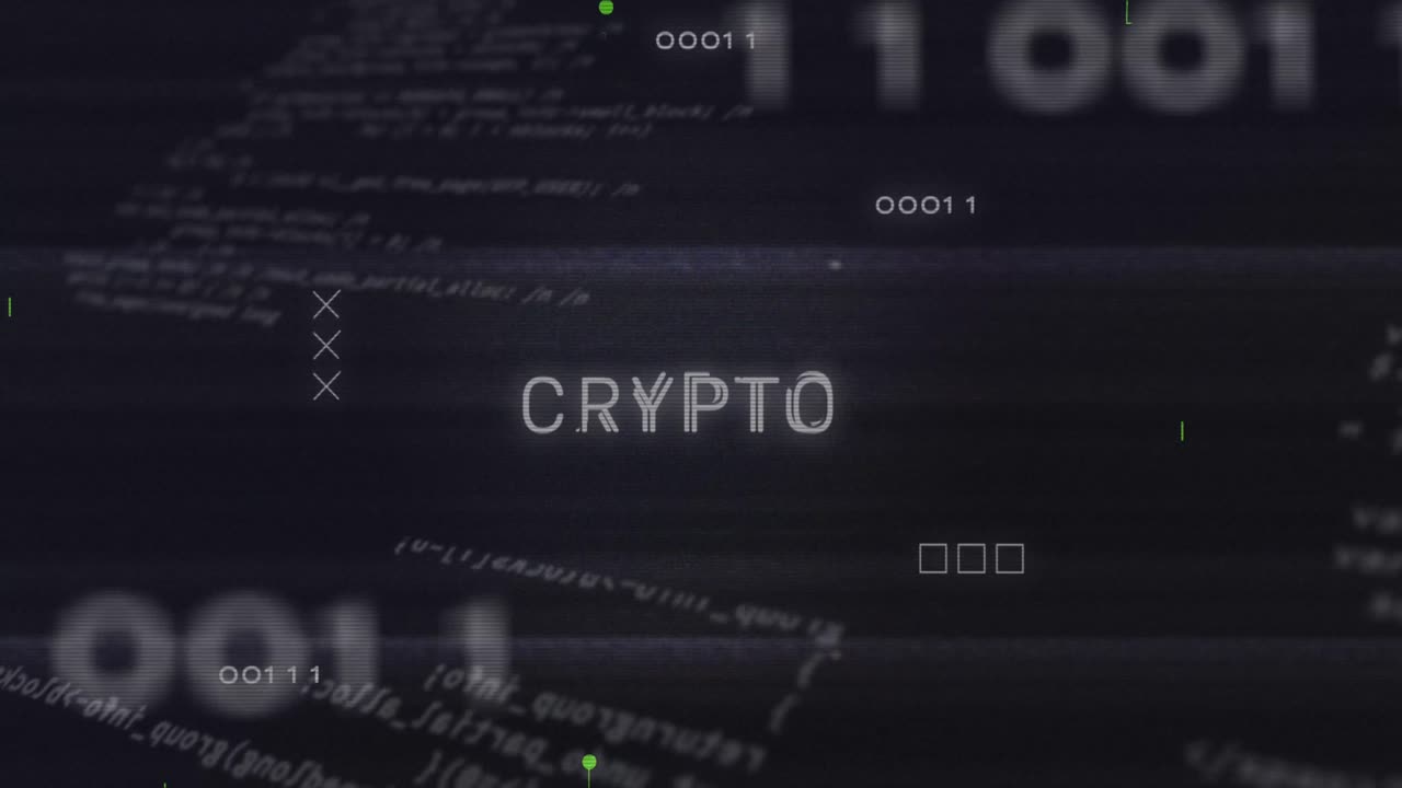 Crypto text and microprocessor connections over data processing against black background