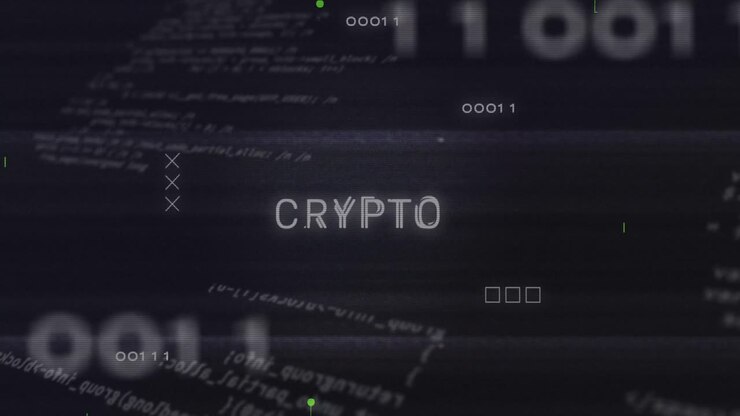 Crypto text and microprocessor connections over data processing against black background