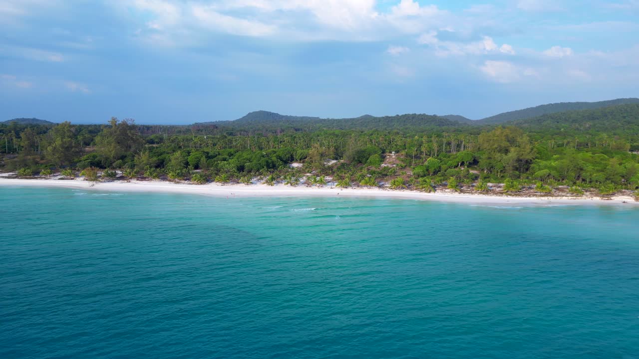 Santa claus is enjoying summer holidays on a beautiful tropical beach. Marvelous aerial view flight speed ramp hyper motion time lapse