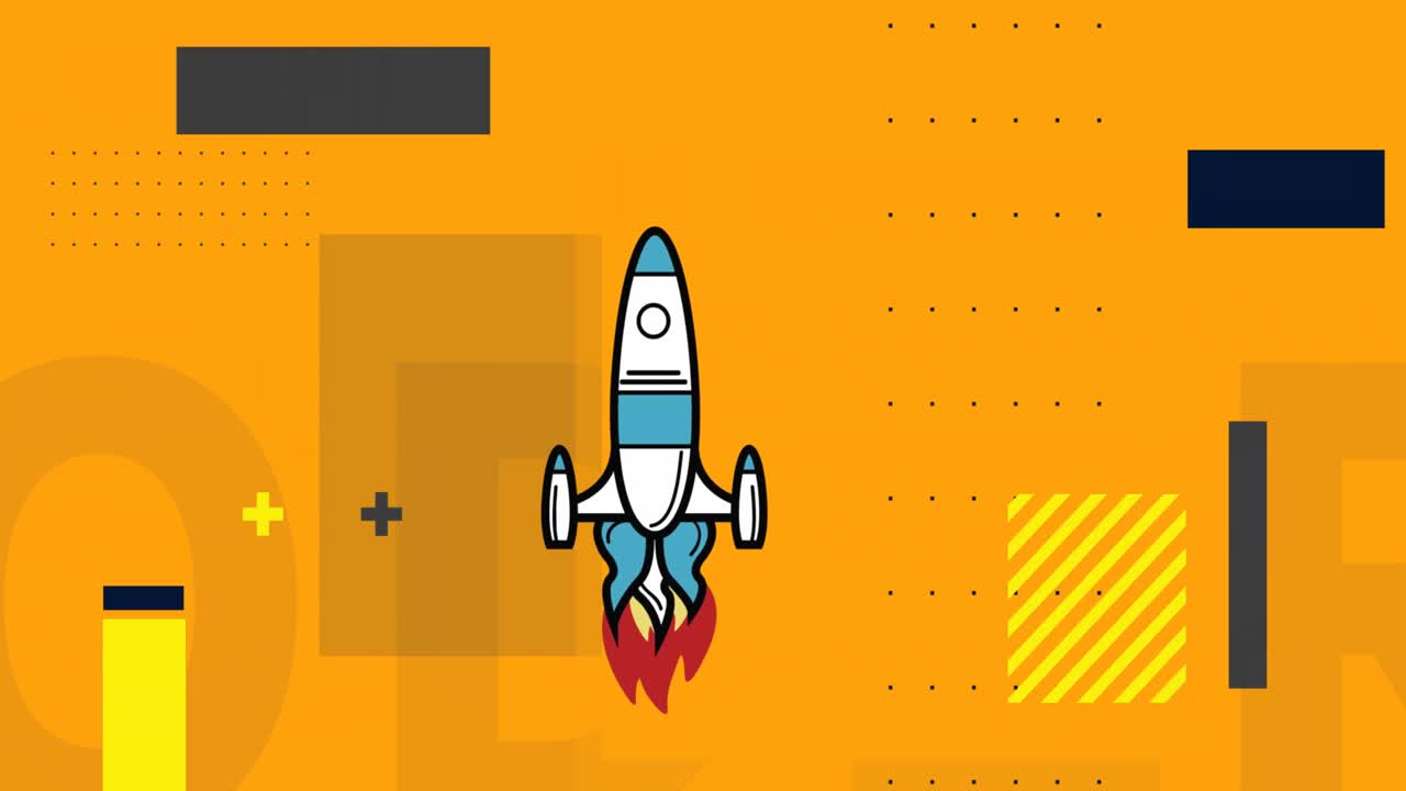 Animation of rocket icon over abstract shapes against yellow background