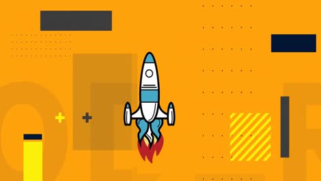 animation of rocket icon over abstract shapes against yellow background