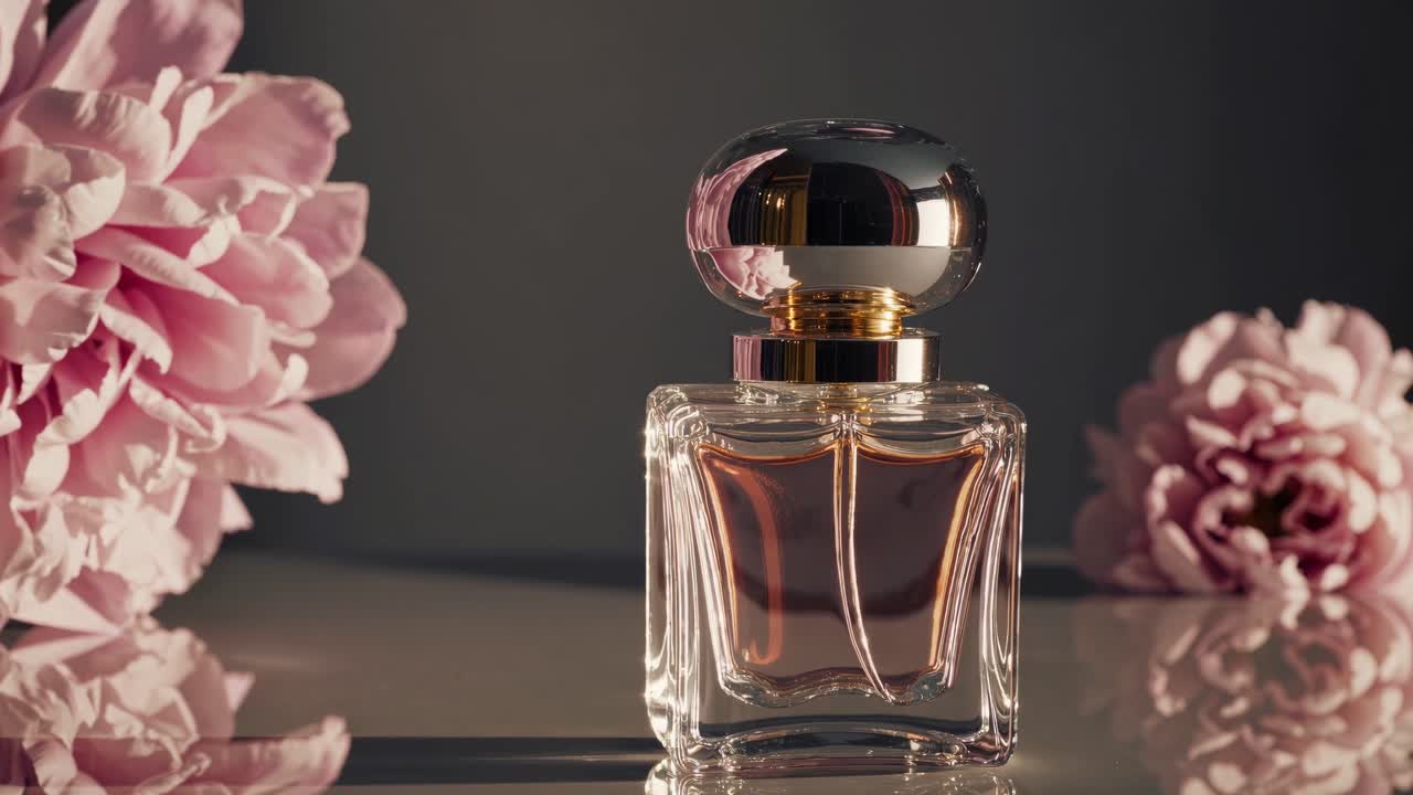 Elegante flacone di profumo con fiori rosa, ripreso con illuminazione soffusa da un'angolazione bassa