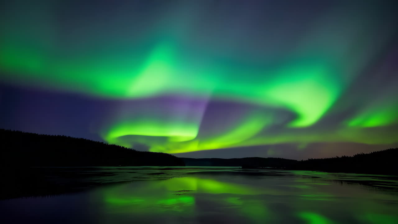 Vibrant Aurora Borealis Display Over a Calm Lake