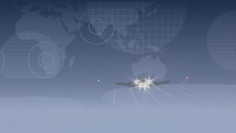 animación del procesamiento de datos sobre el plano, el mapa del mundo, el globo y el cielo