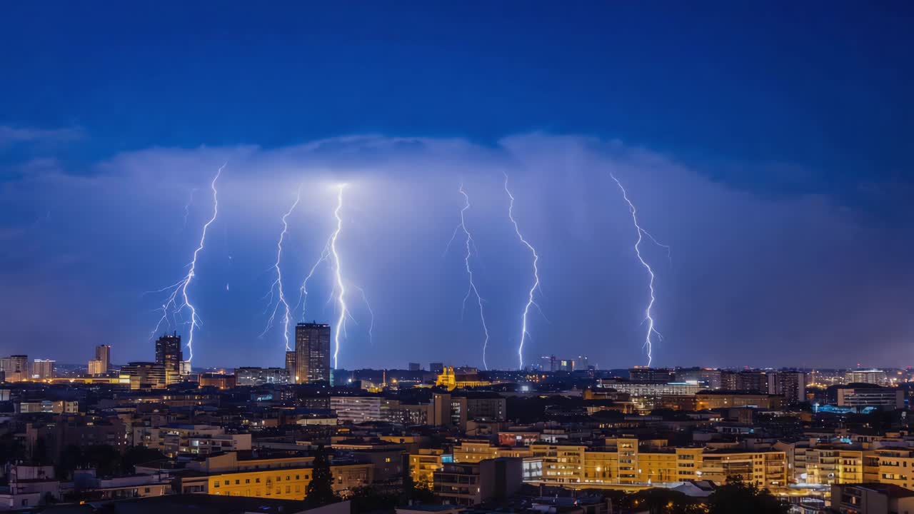 Cityscape at Night with Lightning Storm