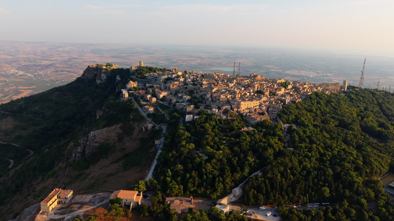 Erice Village On The Mount Erice Summit During Sunset In Sicily, Italy. - aerial shot