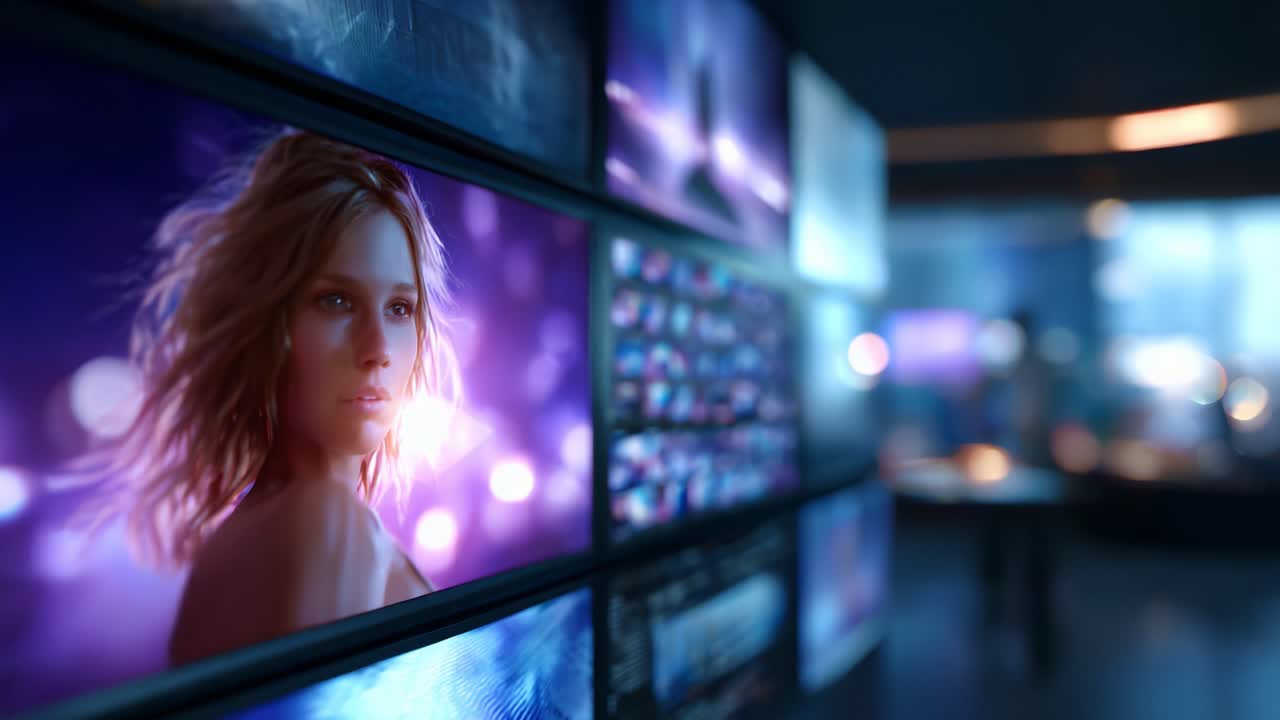 Una scena digitale accattivante che mette in mostra un ritratto vivido di una donna in mezzo a una futuristica esposizione di schermi illuminati, fondendo tecnologia e arte