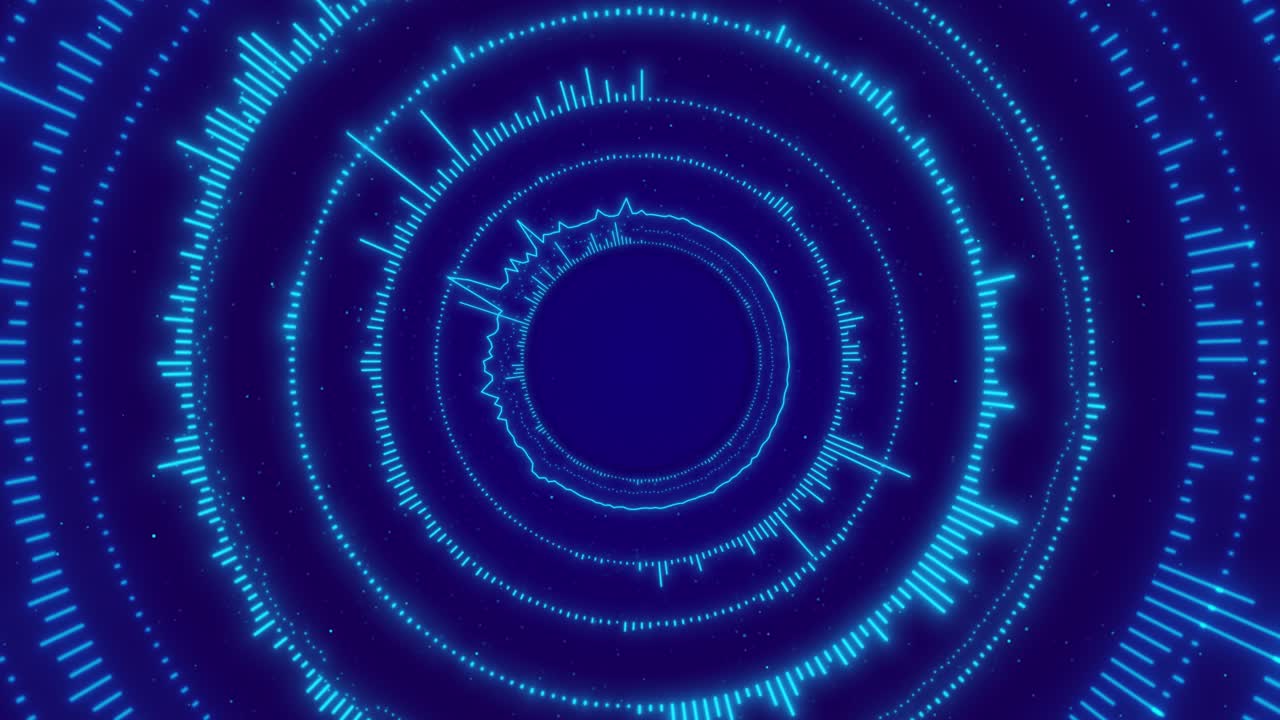 Spinning radial sound waveform glowing blue lines represents audio analysis video fits music