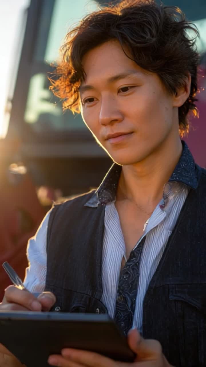 Thoughtful Young Man Writing in the Golden Hour Light, Capturing Inspiration with an Intense Gaze on a Sunlit Background of a Work Setting