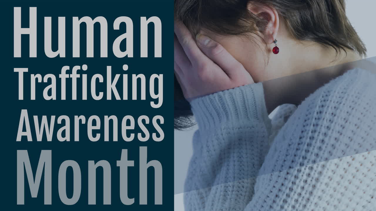 animación del texto de detener el tráfico de personas sobre una mujer caucásica que se cubre la cara