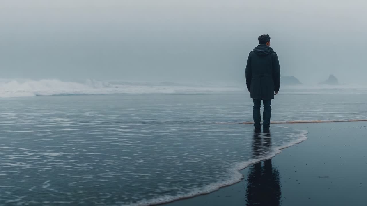 A solitary figure stands on a misty shoreline, surrounded by the quiet beauty of the ocean, reflecting on the depths of emotion in a serene yet haunting landscape